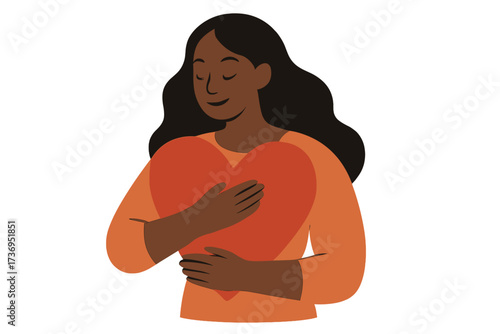 Black woman embracing a big heart. Self-love, acceptance, and body positivity concept. Vector for mental health, wellbeing, kindness, support, and feminism. Flat illustration.