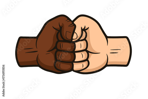 Black and white hands fist bump. Unity and solidarity concept for Black Lives Matter. Anti-racism poster against racial discrimination. Symbol of equality, friendship, justice.