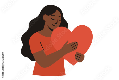 Happy black woman embraces red heart. Self-love, self-care, body positive concept. Mental health, wellbeing, psychology. Charity, support, kindness, acceptance. Feminism.