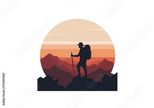 Mountain climber hiking or trekking with backpack walking in mountain silhouette mountain logo