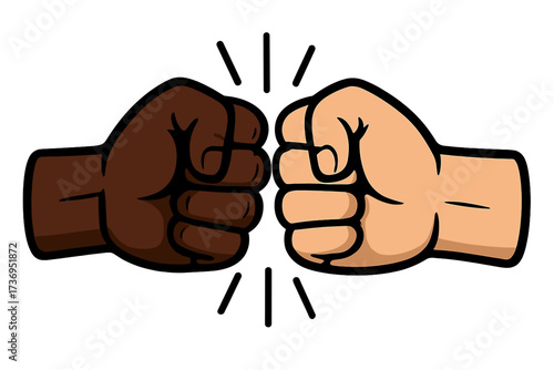 Two fists bumping, black and white hands together in a bro fist bump. A concept of racial equality, anti-racism, partnership, unity, friendship and solidarity. Stop racism.