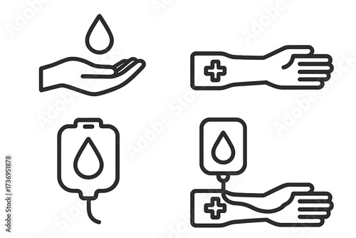 Blood donation line icons. Vector graphic set for health, medicine, charity, and emergency aid. Includes donor arm, transfusion bag, and helping hand. Medical care concept.