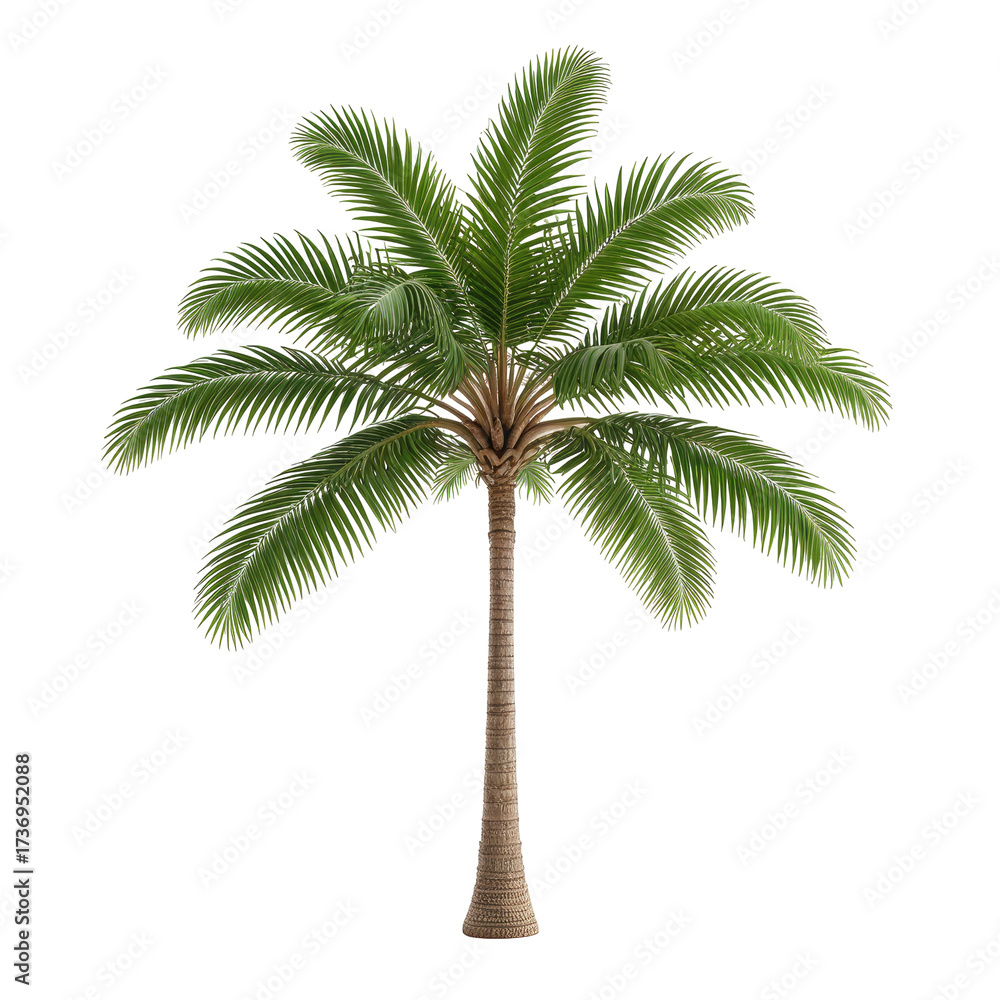 Obraz premium Isolated tall palm tree with detailed green fronds on black background