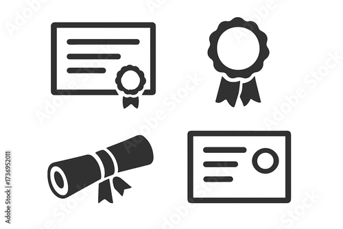 Certificate icon set with diploma, award, and document symbols. Vector graphic elements for success, achievement, graduation, license, degree, and quality guarantee concept.