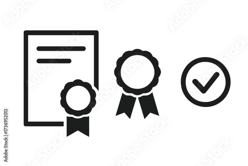 Certificate icon set for achievement and success. Vector graphic elements for diploma, award, and quality guarantee. Includes document, ribbon seal, and approved checkmark icons.