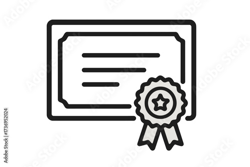 Certificate icon, diploma, award, and achievement symbol. Vector graphic for certification, appreciation, and recognition. Graduation degree or success license with a seal.