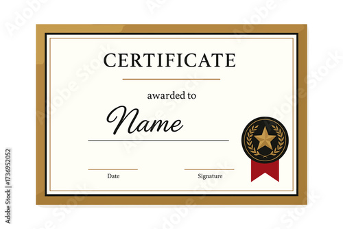 Modern certificate of appreciation or achievement template. Premium vector design for awards and diplomas with a luxurious gold border and elegant award badge with a star.