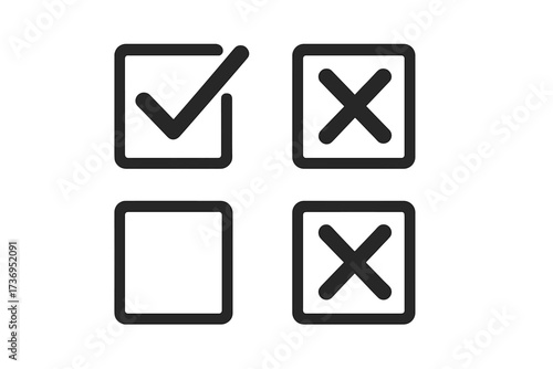 Checkboxes with checkmark and cross icons. Yes no vote concept. Approve reject symbol. True false choice. Correct incorrect sign. Survey poll test element. To do list icon set.