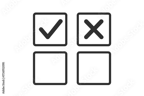 Set of checkbox icons with checkmark and cross. Correct and incorrect symbols. Yes or no vote sign. True or false choice for a survey, list or test. Vector graphic element.