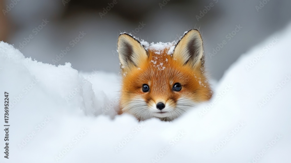 Obraz premium A small, cute animal (e.g., a fox cub or rabbit) peeking out from snow.