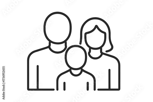 Family line icon with mother, father, and child. Parents and kid simple vector pictogram. Symbol for concepts of love, care, support, parenting, togetherness, and relationship.