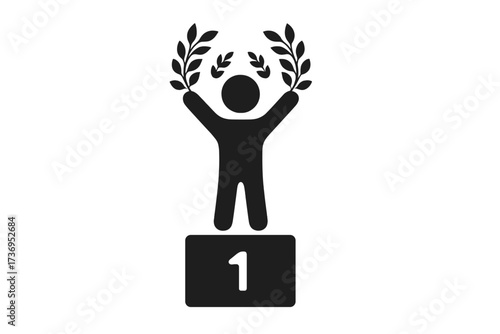 Winner icon on first place podium holding laurel wreath. Vector graphic element for competition, prize, success, winning, achievement, and victory. Champion symbol concept.