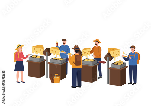 People enjoy tasting cheese samples in an outdoor market stall. Perfect for food blogs, culinary websites, and marketing materials.