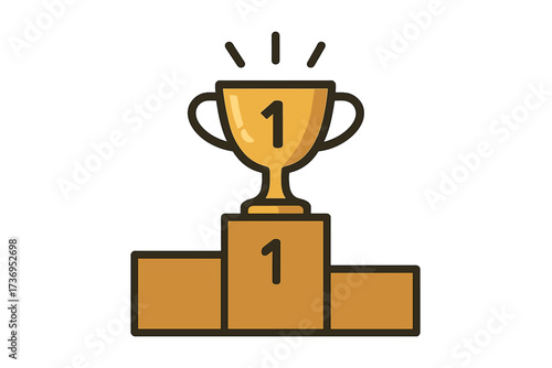 First place winner podium with gold trophy cup. Award for success, victory, and achievement in a competition. Champion prize symbol. Vector graphic icon for business or sports.