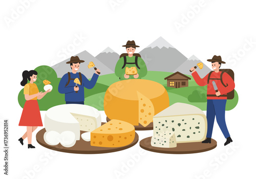 People enjoying a cheese tasting experience amid a picturesque mountain backdrop with various types of cheeses. Ideal for food and travel content creators.