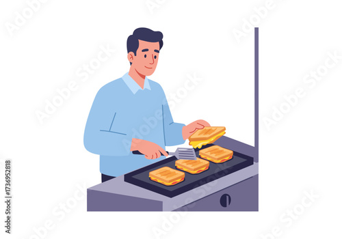 Man cooking sandwiches on griddle with spatula. Perfect for food blogs, cooking magazines, and restaurant websites seeking appetizing imagery.