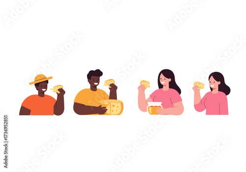 Four people enjoy cheese slices together, expressing happiness. Perfect for food blogs, advertising, and social media content related to cheese.