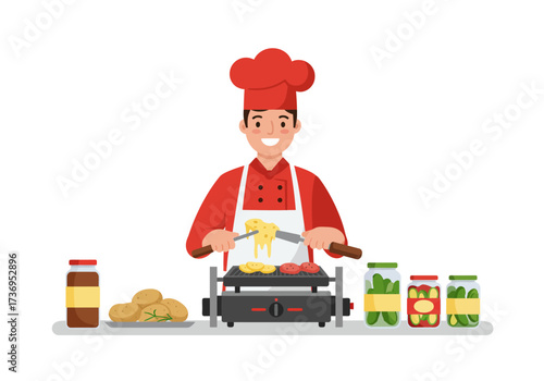Smiling chef cooks food near jars and potatoes. Ideal for culinary blog, restaurant menu, cooking class advertisement, foodrelated design.