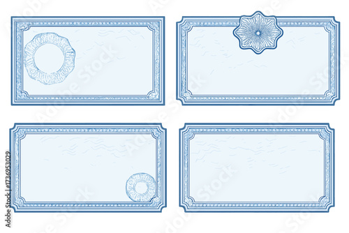 Gift certificate and voucher template set with guilloche patterns. Secure background for coupon, banknote, money design, currency, note, check, award diploma, or official event ticket.