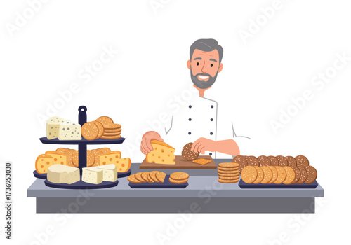 Friendly chef prepares a cheese and cracker platter on a counter. Perfect for culinary blogs or foodrelated designs.