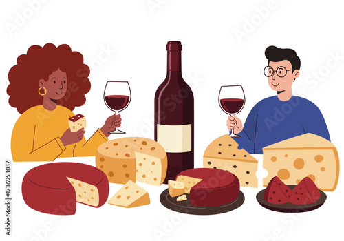 Casual gathering with two people enjoying wine and cheese, showcasing friendship and relaxation. Perfect for lifestyle blogs and social media.