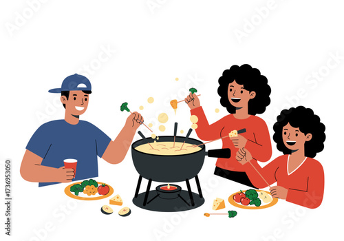 Three people enjoying fondue by a stove, perfect for food bloggers, restaurant promotions, and cooking websites needing interactive visuals.