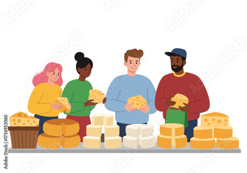 Diverse group shows cheeses at market. Perfect for food blogs, culinary websites, diversity campaigns, cultural events, and advertising materials.