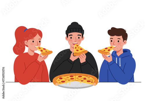 Three people enjoying slices of pepperoni pizza together, ideal for food blogs, restaurant advertisements, and social media content.