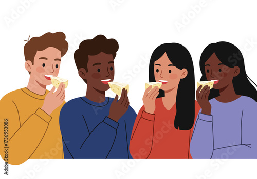 Four diverse people happily eat creamy triangular pieces of dessert together joyfully. Suitable for food blogs, advertisements, and multicultural concepts.