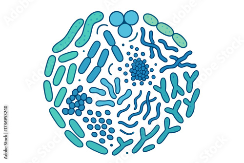 Probiotic bacteria vector illustration. Gut flora and microbiome concept. Collection of microorganisms, lactobacillus, bifidobacterium for digestive health. Biology science icon set.