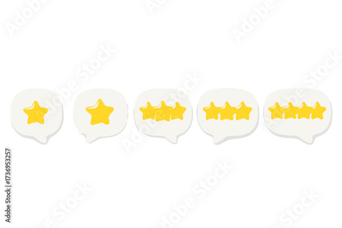 3D star rating vector illustration. Customer review, online feedback, and survey concept. Set of one to five yellow stars in speech bubbles. Quality satisfaction evaluation.