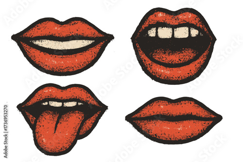 Retro 90s Y2K mouth set with grunge halftone texture. Pop art vector lips collage elements for posters and banners. Smile, tongue out, and open mouth with teeth. Punk rock zine graphic.