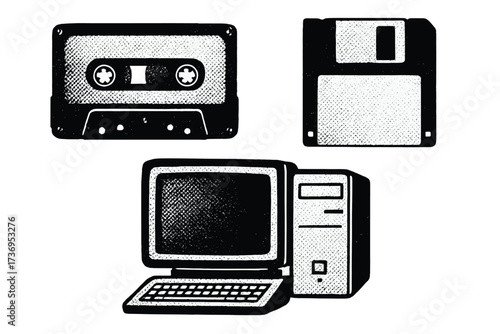 90s retro electronics in halftone style. Vector illustration of a vintage computer, floppy disk, and cassette tape. Y2K collage elements in trendy dotted grunge punk cutout shapes.