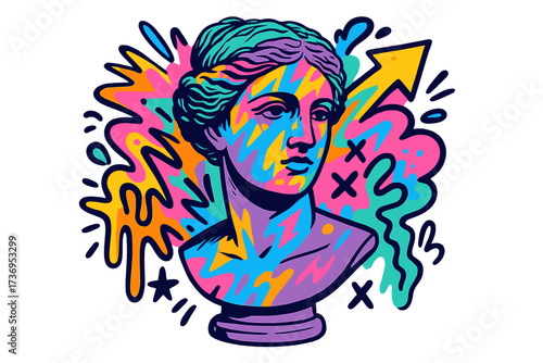 Vector illustration of a classic Greek statue bust with vibrant, colorful urban graffiti and pop art elements. Contemporary concept mixing antique sculpture with 90s street style.