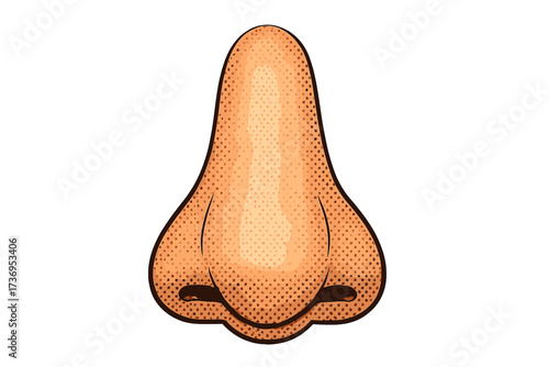 Pop art human nose vector illustration. Cartoon character body part with color halftone texture. Isolated front view of a face element. Concept for sense of smell, anatomy, comics.