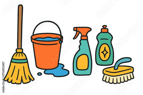 Cleaning tools vector set in colorful flat doodle style. Spring cleaning concept with household instruments for washing. Purifying service icons: bucket, broom, spray, detergent, brush.
