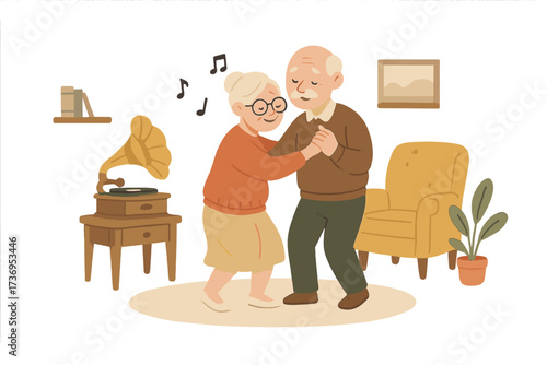 Happy elderly couple dancing at home listening to gramophone music. Active seniors in love, romantic dance in living room. Healthy retirement lifestyle. Vector illustration.