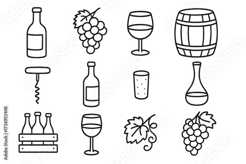 Wine icons set hand drawn doodle style. Linear bottle, glass, grapes, barrel, corkscrew elements. Vector line art illustration for winery, bar menu or wine tasting concept.