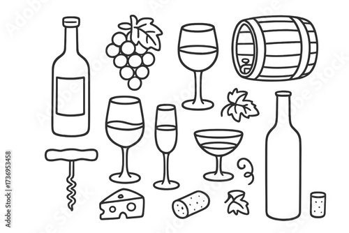 Hand drawn wine icon collection. Linear vector doodle set with bottle, glass, grapes, barrel, cheese, and corkscrew. Outline illustration for winery or restaurant menu design.