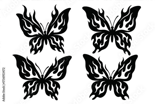 Flame butterflies silhouette set. Y2K 90s tribal fire butterfly tattoo art vector illustration. Gothic emo punk rock style insect design element for sublimation or sticker.