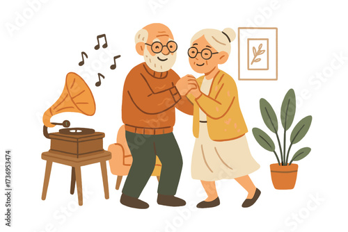 Happy elderly couple dancing to gramophone music. Senior man and woman in love at home. Active retirement lifestyle. Retro romantic vector illustration for nostalgia concept.