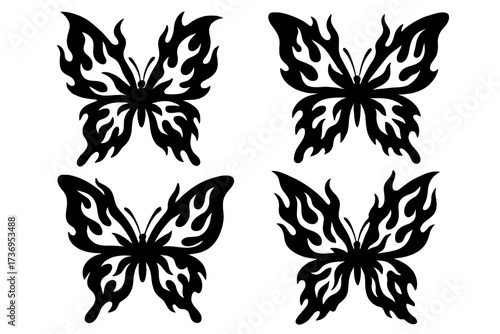 Flame butterflies silhouettes set in Y2K style. Gothic, emo flutter butterflies tattoo art vector illustrations. Black fire tribal hot rod decal and sublimation collection.