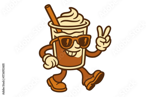 Groovy retro coffee character walking. 70s vintage mascot, cool funny dude in sunglasses shows peace sign. Nostalgic 60s cartoon takeaway coffee cup. Vector illustration for sticker.