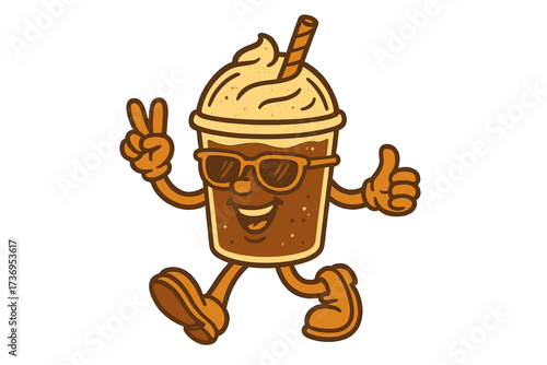 Groovy retro coffee mascot. 70s vintage iced coffee character in a cup. Funny dude with sunglasses showing peace sign and thumbs up. Vector cartoon for cafe menu or logo.