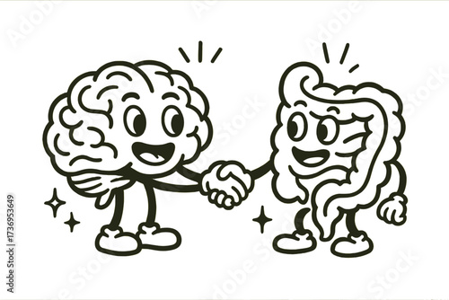 Gut-brain axis. Connection between brain and intestine health. Mental wellness and healthy digestion concept. Second brain. Retro cartoon characters handshake. Scientific vector.