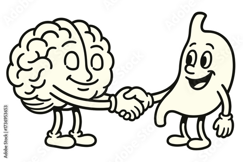 Gut brain axis connection. Retro cartoon characters. Brain and stomach shake hands. Health of digestion and mental state. Second brain concept. Microbiome health. Psychology.