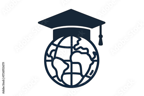Global education icon with graduation cap on a world globe. E-learning, distance learning, and online university degree concept. Study abroad and international student symbol.
