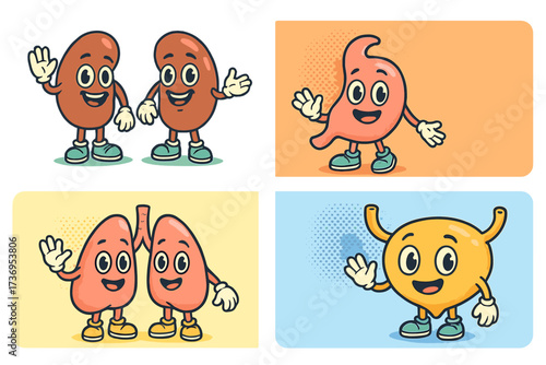 Health medical banners set with retro human organ characters. Cute cartoon mascots of kidneys, lungs, stomach, bladder for children's hospital, kids clinic or health checkup.