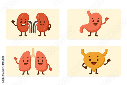 Health medical banners set with retro organ characters. For kids clinic, family doctor. Medical checkup concept for children with cute kidneys, stomach, lungs, urinary bladder.