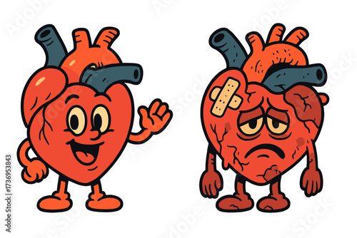 Healthy vs unhealthy heart character comparison. Happy and sad human internal organ in retro cartoon style. Medical concept of sickness, damage, and cardiology care before and after.